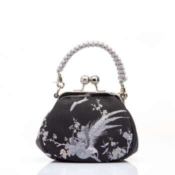 Black & Silver | "Magpies on Plum Blossoms" Jacquard Brocade | Chinese Knot Clutch