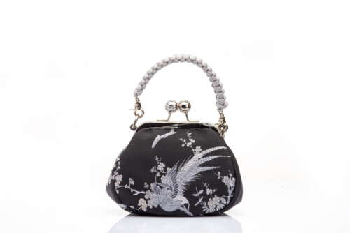 Black & Silver | "Magpies on Plum Blossoms" Jacquard Brocade | Chinese Knot Clutch