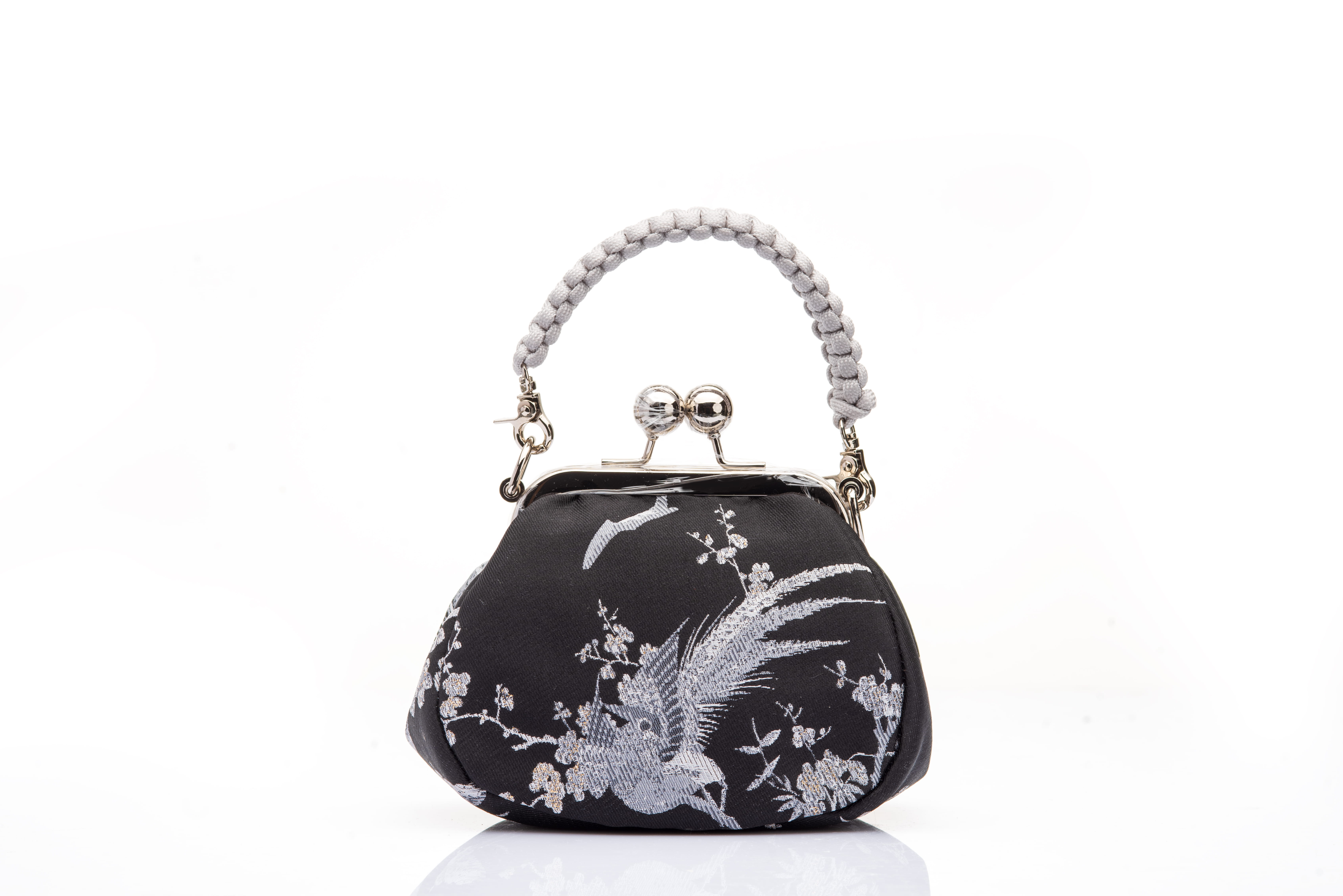 Black & Silver | "Magpies on Plum Blossoms" Jacquard Brocade | Chinese Knot Clutch