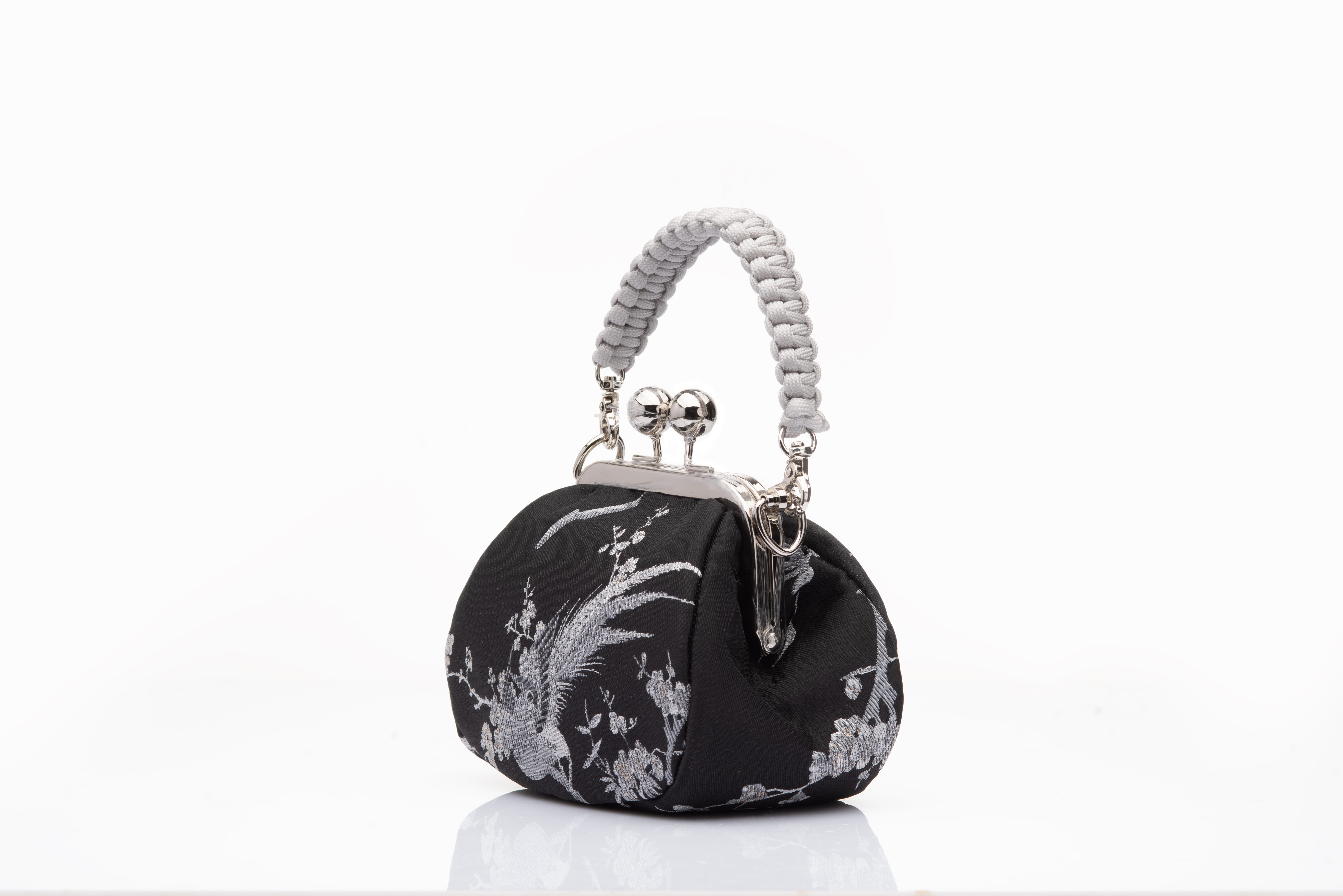 Black & Silver | "Magpies on Plum Blossoms" Jacquard Brocade | Chinese Knot Clutch - Image 2