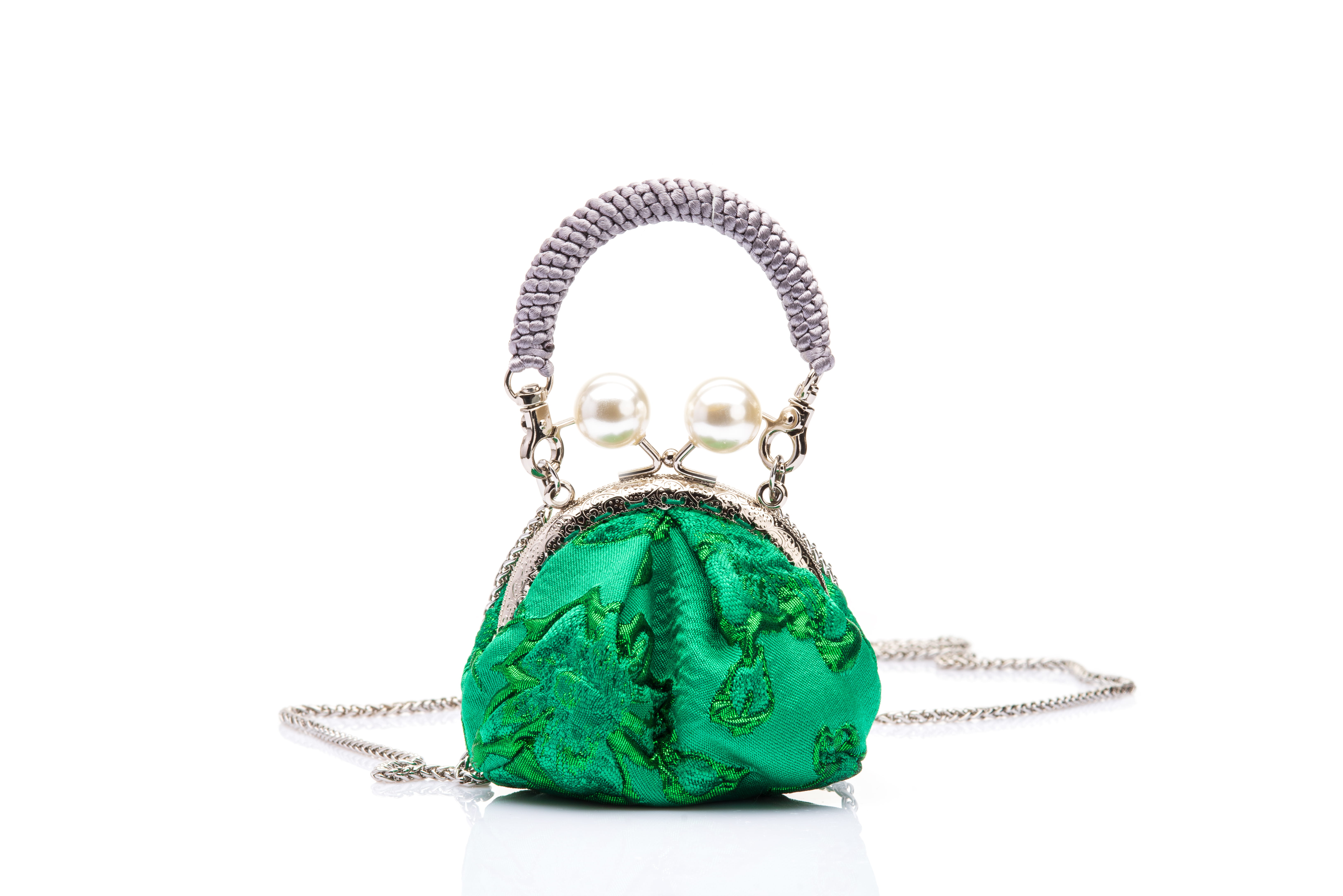 Emerald Green | Embossed Jacquard Brocade | Chinese Knot Mini Handbag - Image 2