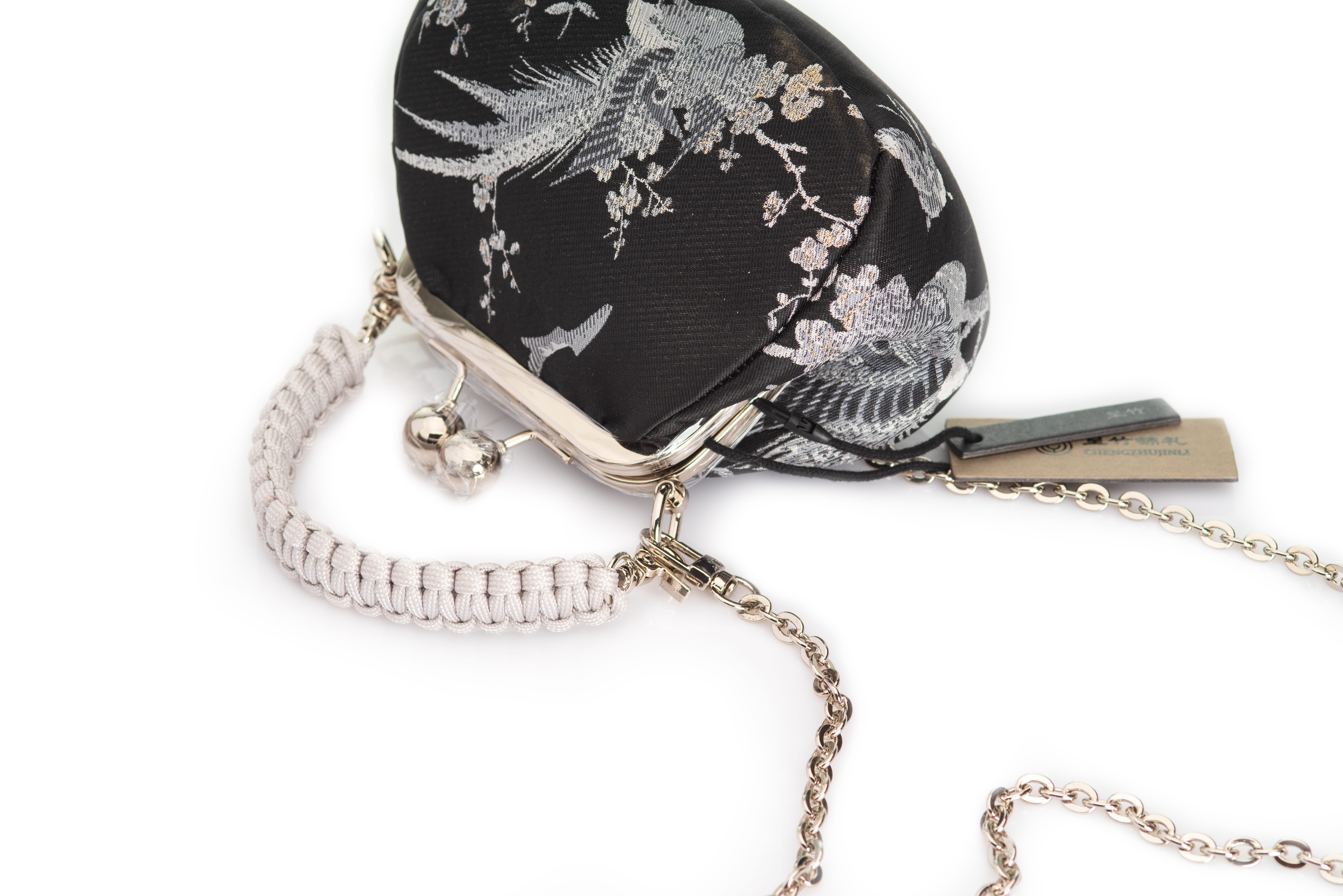 Black & Silver | "Magpies on Plum Blossoms" Jacquard Brocade | Chinese Knot Clutch - Image 4